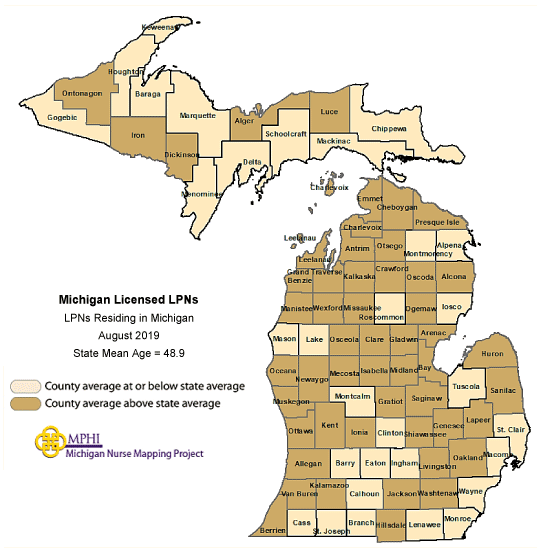 map depicting LPN mean age by county in 2019